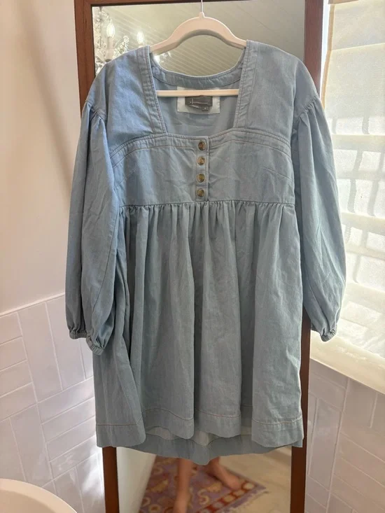 By Anthropologie Long-Sleeve Square-Neck Denim Babydoll Mini Dress size M - Picture 5 of 8